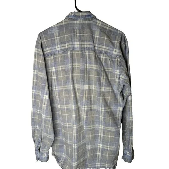 Santana Collection Mens Shirt Medium Long sleeve button Up Blue Gray Plaid VTG - Picture 3 of 4